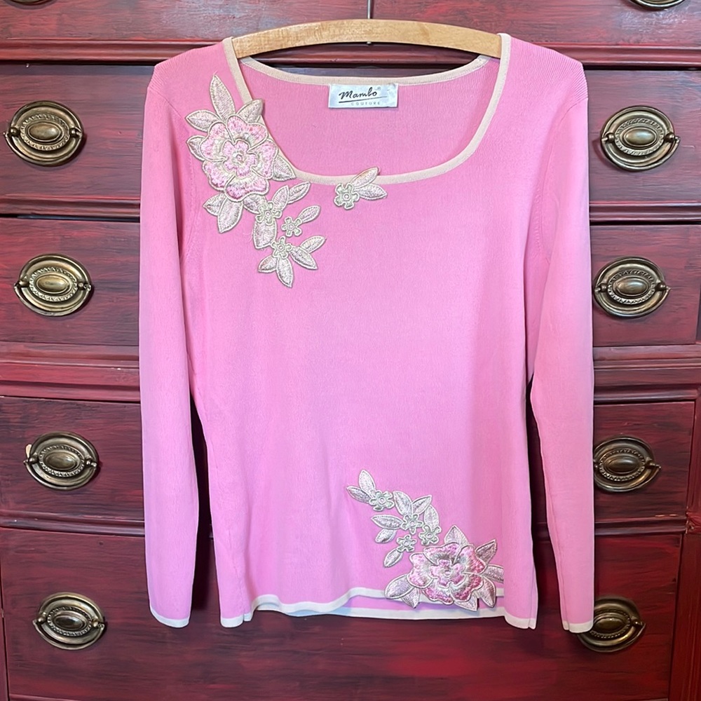 Vintage Couture Mambo pink sweater top with flower Appliqués
